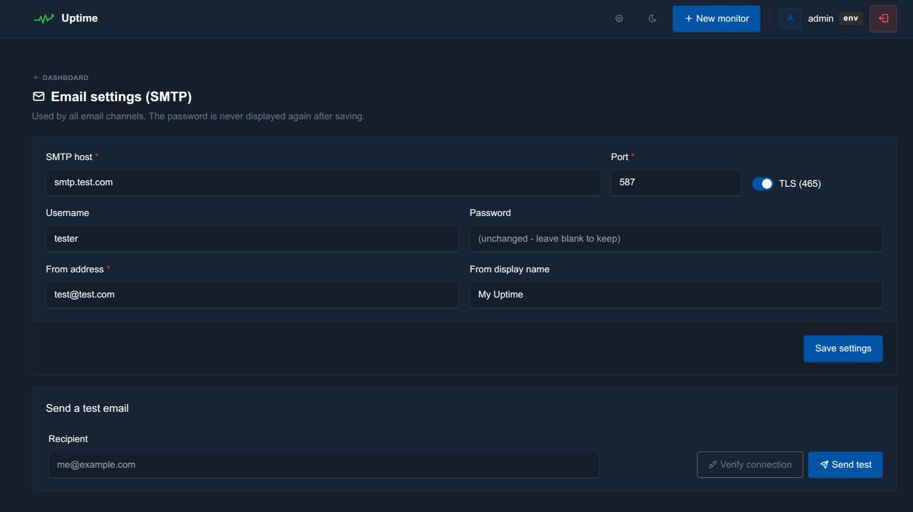 Monitor detail page with response-time chart, uptime stats, and incidents